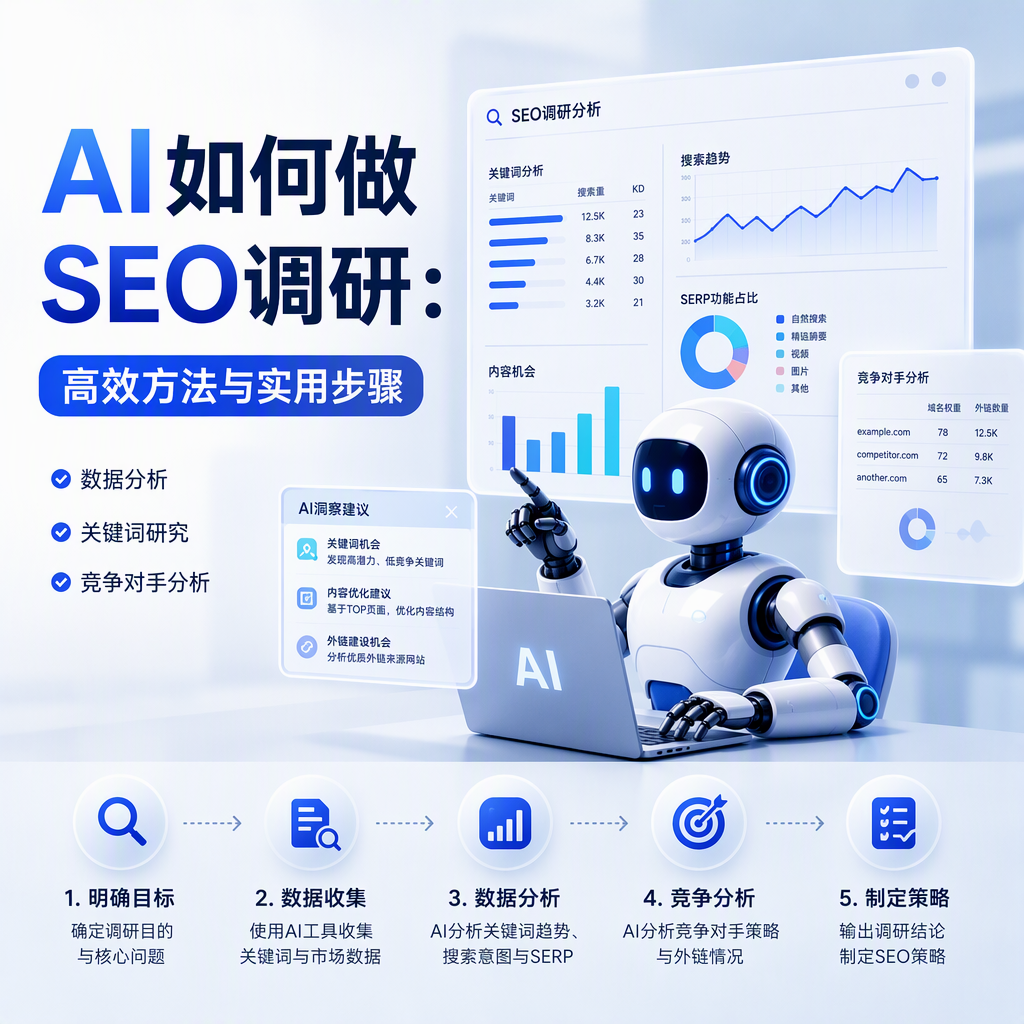 AI辅助进行SEO调研的流程示意图，展示关键词分析、竞争对手研究和内容优化步骤